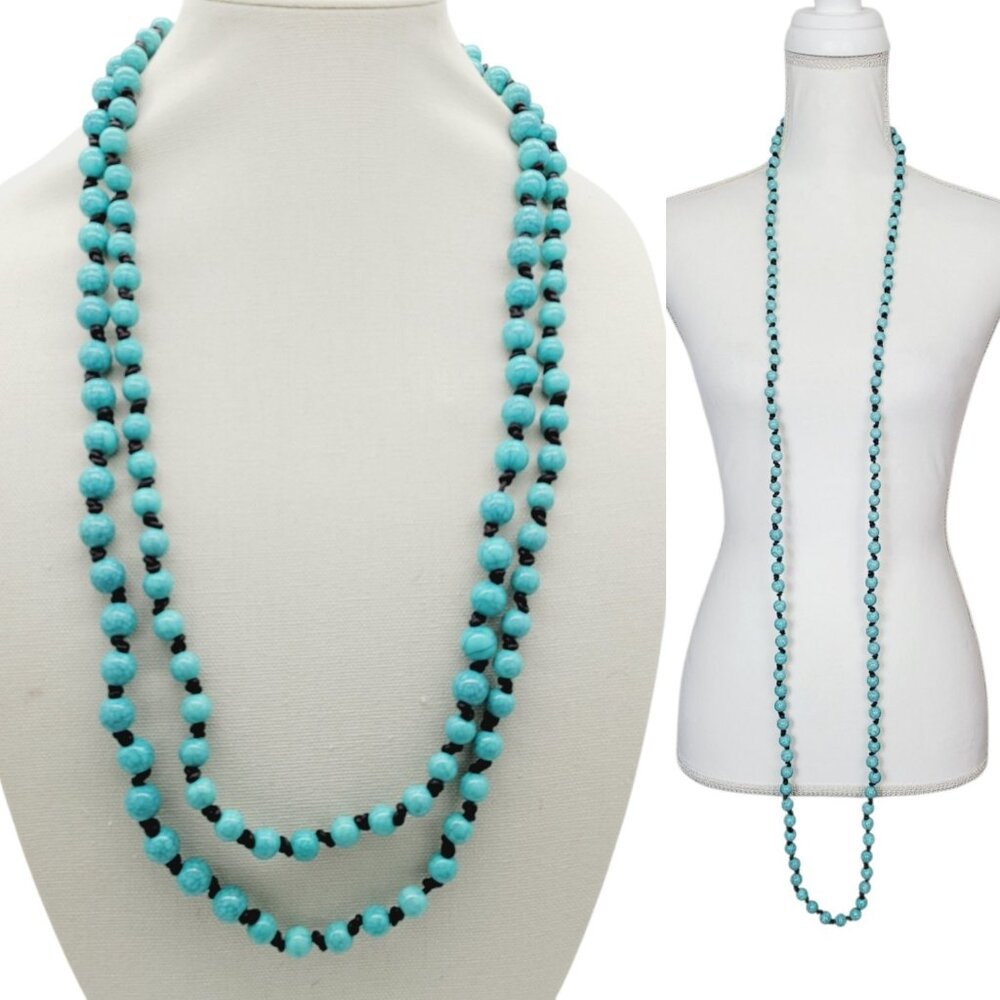 Plunder 67" Faux Turquoise Infinity Blue Acrylic Beaded Necklace Knotted